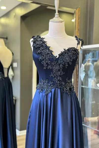 الأزرق الداكن كتف واحد والدانتيل المطرزة مفصلة ماكسي طول الساتان مساء اللباس والسهرة اللباس