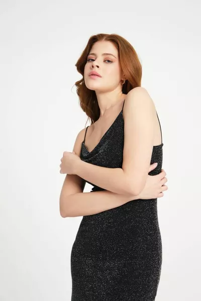 Women Black Glitter Thin Strappy Dress Graduation Wedding Evening Dress