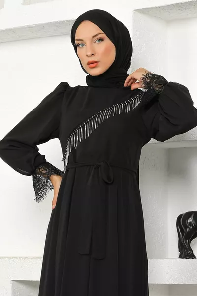 حجر مفصل الشيفون مساء اللباس الأسود 