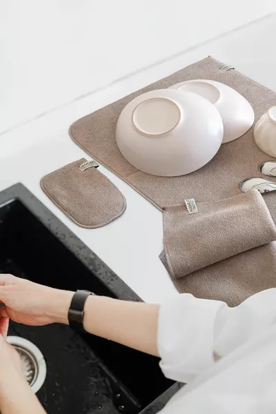 Bej-gri Microwell 3 Prç Set Microfiber Bulaşık Kurutma Matı Mutfak Seti 3'lü Kurulama Bezi Örtüsü