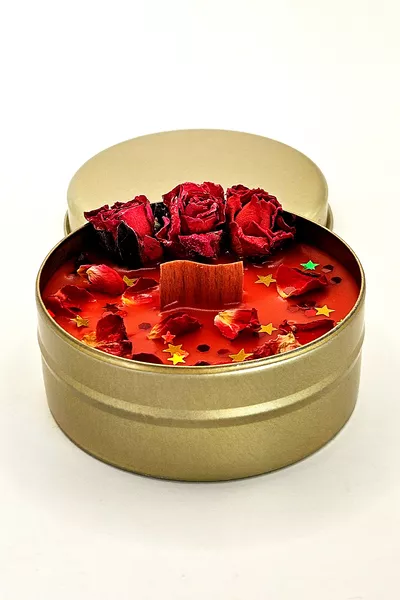 Elixir d'amour romantique parfumé à l'ambre - Bougie décorative Gold Luxe en boîte métal Cascade d'amour