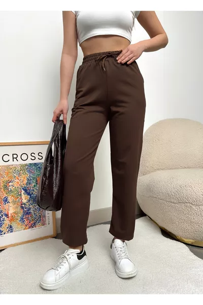 Kadın Kahverengi Paçası Lastikli Yüksek Bel Jogger Eşofman Altı