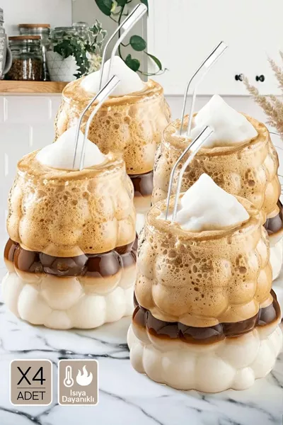 4 Adet Boncuk Bardak - Cam Pipet Hediyeli Soğuk, Sıcak Kahve Bardağı Üzüm Tanesi Bardağı  ml