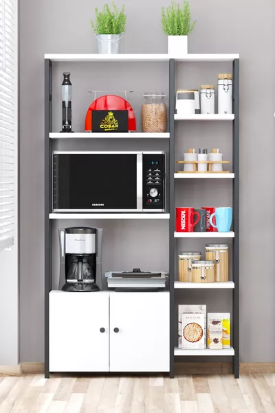 Multi-Purpose Cabinet Kitchen Stand 2-Door 8-Shelf Coffee Corner Kitchen Shelf Kitchen Storage White