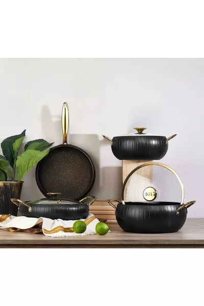 Merıdıan -  قطعة، جرانيت عضوي، وعاء، مقلاة، مجموعة صداقية، جسم أسود، تفاصيل ذهبية