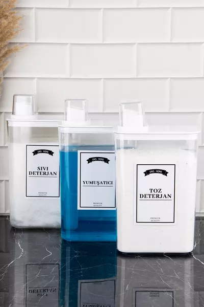 3-delige wasmiddelopslagcontainer met ingebouwde maatbeker voor poeder, vloeibaar en wasverzachter, set  ml