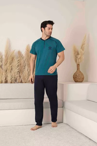 Men's Petrol Blue Short Sleeve Long Bottom Cotton Knit Summer Pajama Set