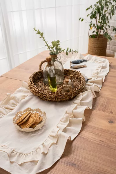 Rufle I Runner Naturel Lin Vintage à Double Volant  X  Cm