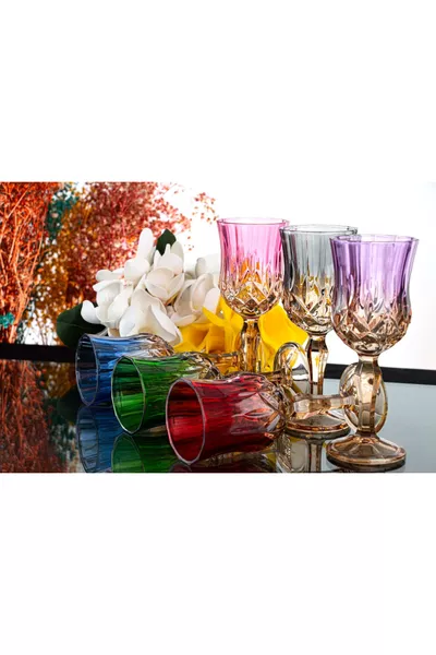 طقم 6 أكواب قهوة وزجاج مياه ومشروبات ملونة متعددة الألوان بقاعدة كريستالية (صبغة عضوية)