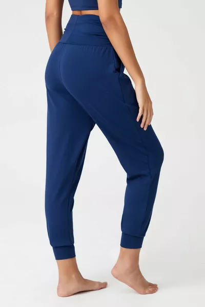 الأزرق الداكن المطاط الخصر فضفاض نظرة الحريم السراويل اليوغا بنطلون رياضي