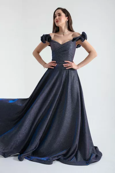 Kadın Renkli Kolları Fırfırlı Simli Uzun Abiye Elbise