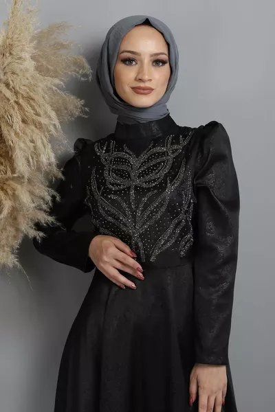 Stone Burning Patterned Evening Dress Black