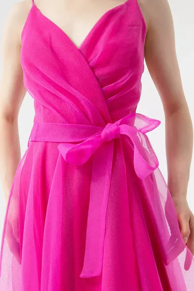المرأة الفوشيا مزدوجة الصدر طوق حزام طويل بريق مساء اللباس