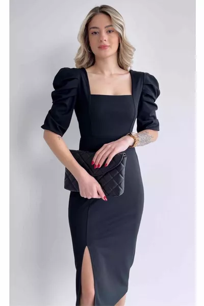 Flexibler Stoff Quadratischer Ausschnitt Midi-Länge Kurzarm Schwarzes Abendkleid & Abschlusskleid
