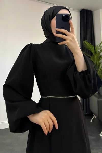 Karen Ballonärmel Taille Stein Abendkleid Schwarz