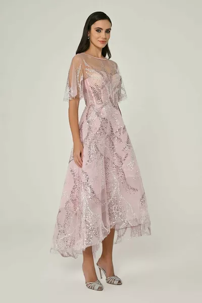 Short Sleeve Shiny Tulle Midi Dress