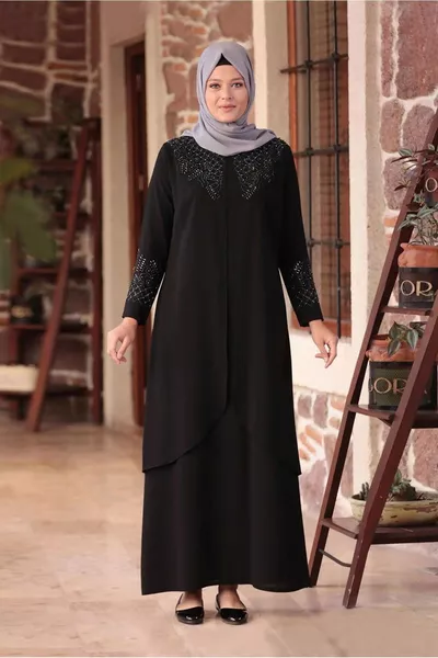 Schwarzes besticktes Abendkleid mit Perlendetail für Damen T 