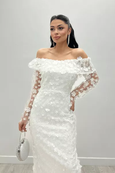 Trois tailles de robe crayon à col bateau en tissu floral - BLANC