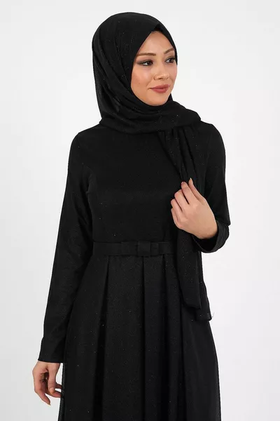 Glitzer Plissee Abendkleid Schwarz 