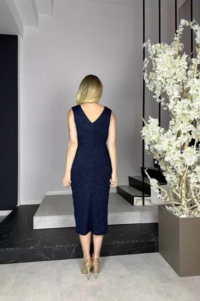  Drape Gedetailleerde Glitter Avondjurk Marineblauw