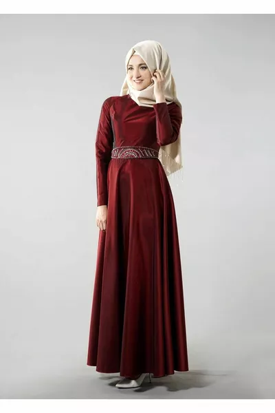 Women's Burgundy T  Tuay Taffeta Belt Beaded Evening Dresses