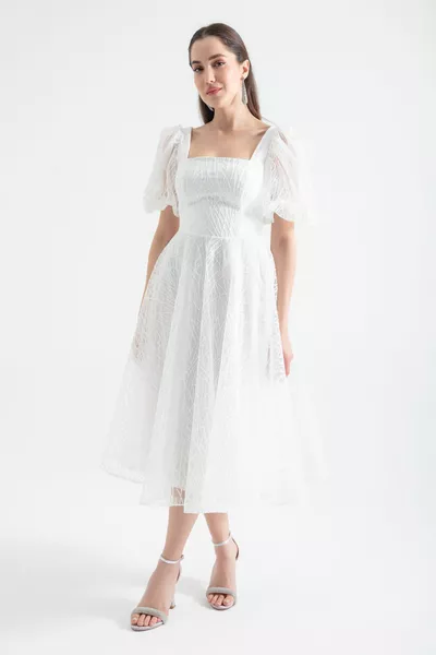 المرأة الأبيض بالون الأكمام بريق ميدي مساء اللباس