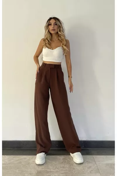 عالية الخصر مطوي البني Palazzo النسيج السراويل