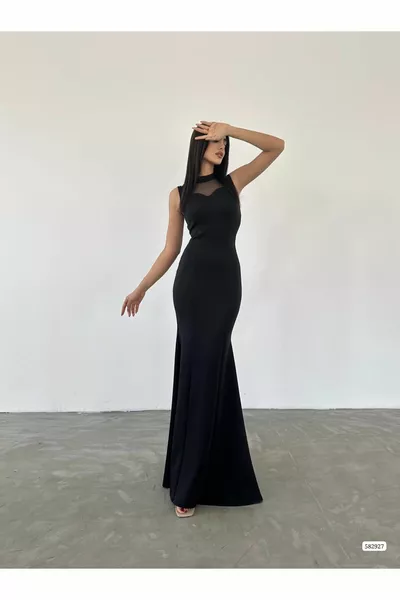 Kadın Siyah Göğüs Payetli Tül File Detaylı Şeritli Maxi Boy Balık Model Uzun Abiye Elbise
