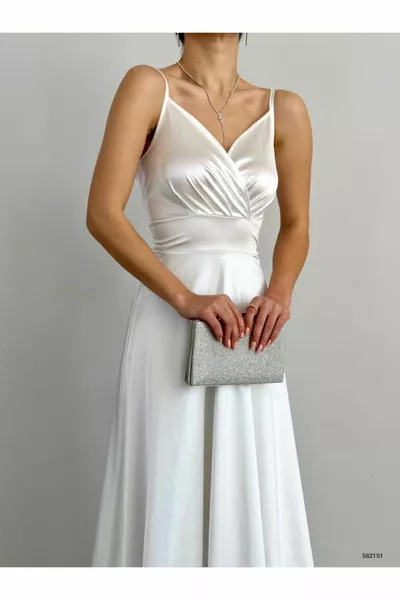 Women's White Maxi Strap Double-breasted Collar Satin Evening Dress Graduation Invitation Engagement Wedding Dress Evening Dress