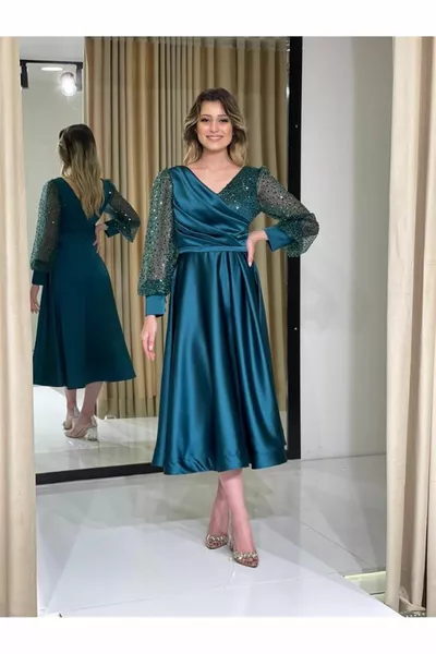 الزمرد الأخضر كم طويل الترتر الخامس الرقبة ميدي طول الموسم الجديد مساء اللباس  