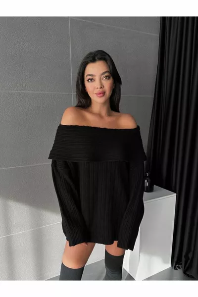 SCHWARZER SCHULTERFREIER OVERSIZE-STRICKPULLOVER FÜR DAMEN