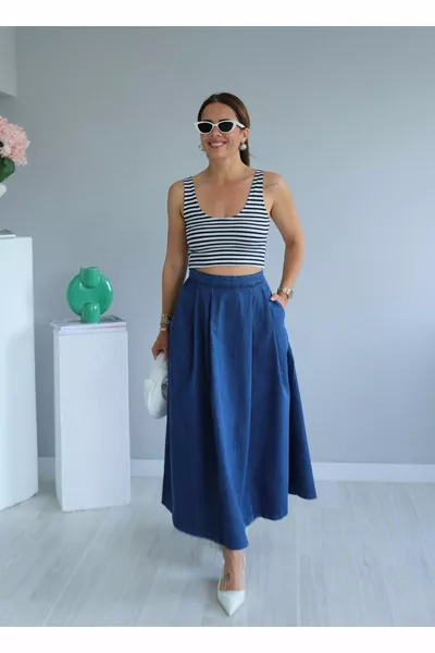 GONNA SVASATA IN JEANS MIDI CON PIEGA BLU