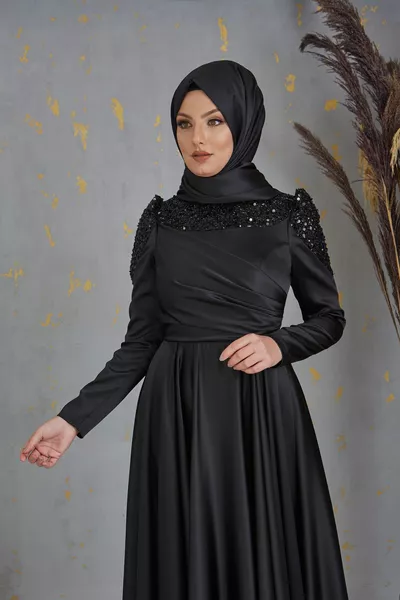 Paillettes Perline Ricamato Bersu Hijab Abito Da Sera Nero