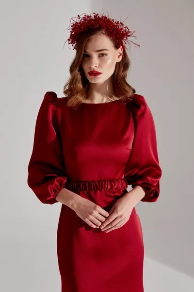 كوميت الأحمر الداكن بالون الأكمام طويل الذيل مساء اللباس