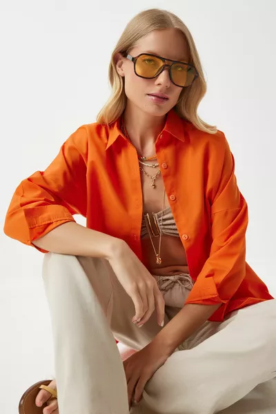 Женская оранжевая длинная базовая рубашка оверсайз 