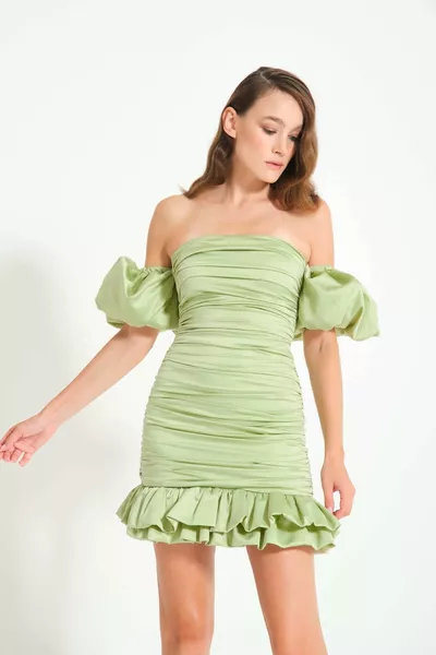 Mint Verde Basso Manica A Palloncino Drappeggiato Mini Abito