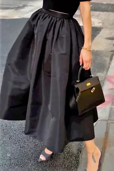 Mikado Ziberlin Black Textured Flared Women's Evening Dress, Engagement, Wedding, After Prom, Midi Skirt