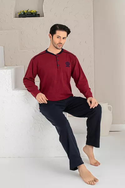 Men's Burgundy M Coat of Arms Long Sleeve Single Jersey Fabric Knitted Pajama Set