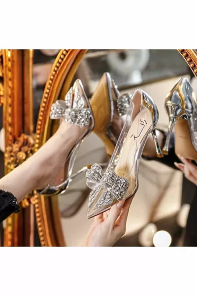 Princess Transparent Bow Stone Silver Color Galveniz Heel Evening Shoes