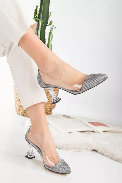 CRYSTAL MODA Kadın Şeffaf Topuklu Ayakkabı Şeffaf Düğün Mezuniyet Nişan Günlük Ayakkabı Topuk 8cm