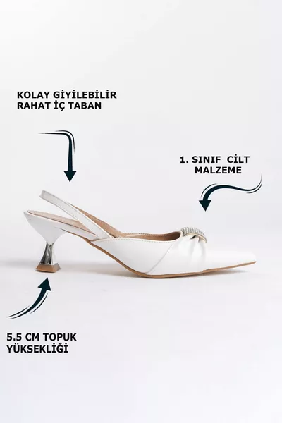 Бял преден камък Детайлен лъскав метален изглед Огледало Къси тънки токчета Дамски вечерни рокли