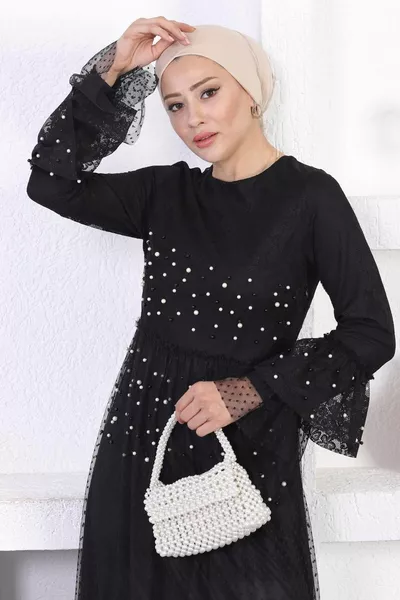 Pearl Lace Abendkleid mit Schwungradärmeln Schwarz 