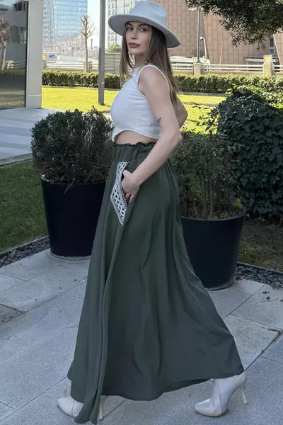 خصر مطاطي كاكي نسائي ، جيوب مطرزة من الخوص ، تناسب مريح ، تنورة طويلة الوزن