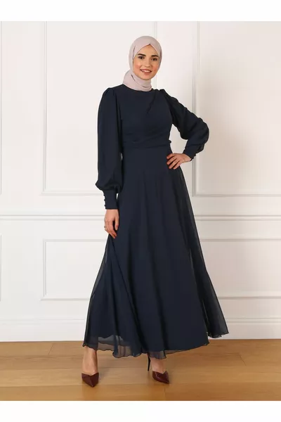 Drape Detailed Chiffon Hijab Evening Dress - Navy Blue - Refka