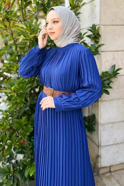 Pleated Belted Evening Dress Indigo