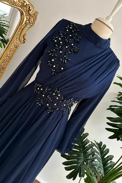 Mihrimah Janjan Luxury Hijab Evening Dress - Navy Blue
