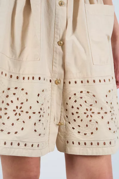 Women's Beige Button Detailed Double Pocket Linen Look Skirt