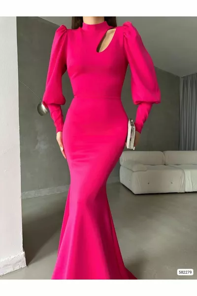 Fuchsia Fish Model Shoulder Detailed Stylish Evening Dress