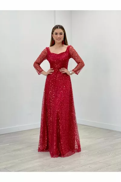 Three-Dimensional Sequin Princess Dress on Tulle - Red