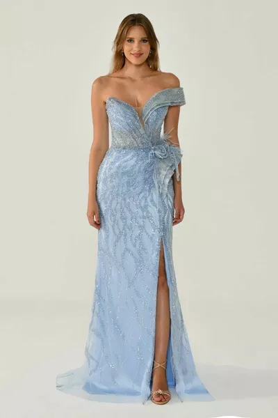 Alpha Beta Stone One Shoulder Blue Women's Evening Dress 